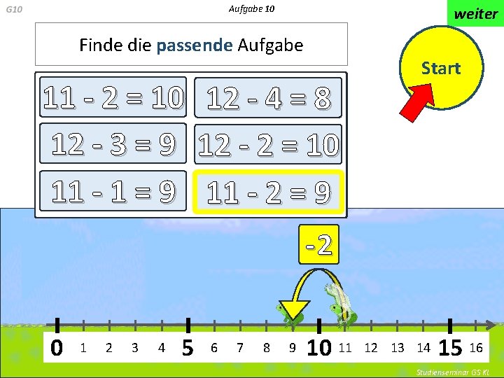 Aufgabe 10 weiter Finde die passende Aufgabe 11 - 2 = 10 12 -