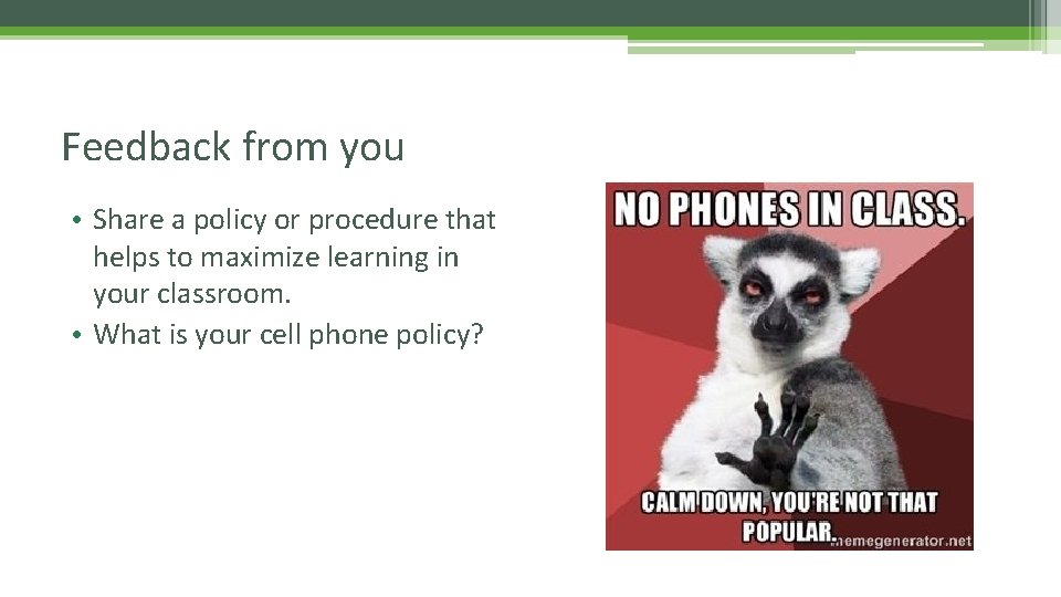 Feedback from you • Share a policy or procedure that helps to maximize learning