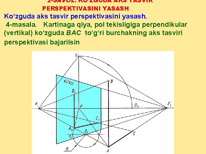 2 -SAVOL. KO’ZGUDA AKS TASVIR PERSPEKTIVASINI YASASH Ko‘zguda aks tasvir perspektivasini yasash. 4 masala.