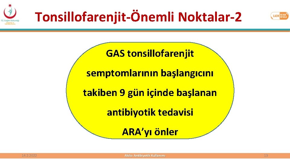 Tonsillofarenjit-Önemli Noktalar-2 GAS tonsillofarenjit semptomlarının başlangıcını takiben 9 gün içinde başlanan antibiyotik tedavisi ARA’yı