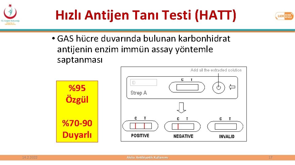 Hızlı Antijen Tanı Testi (HATT) • GAS hücre duvarında bulunan karbonhidrat antijenin enzim immün