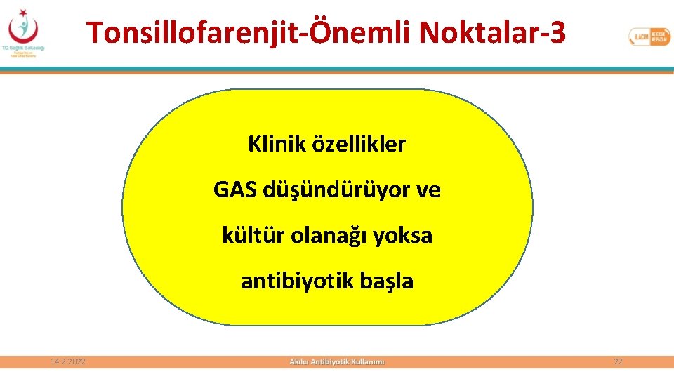 Tonsillofarenjit-Önemli Noktalar-3 Klinik özellikler GAS düşündürüyor ve kültür olanağı yoksa antibiyotik başla 14. 2.