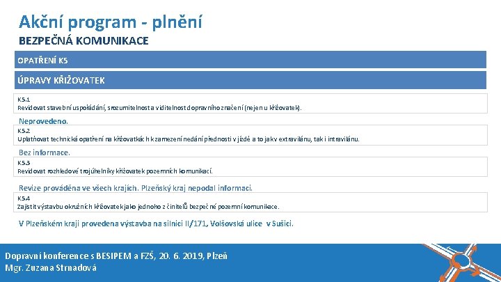 Název akce, místo, datum Akční program - plnění BEZPEČNÁ KOMUNIKACE OPATŘENÍ K 5 ÚPRAVY