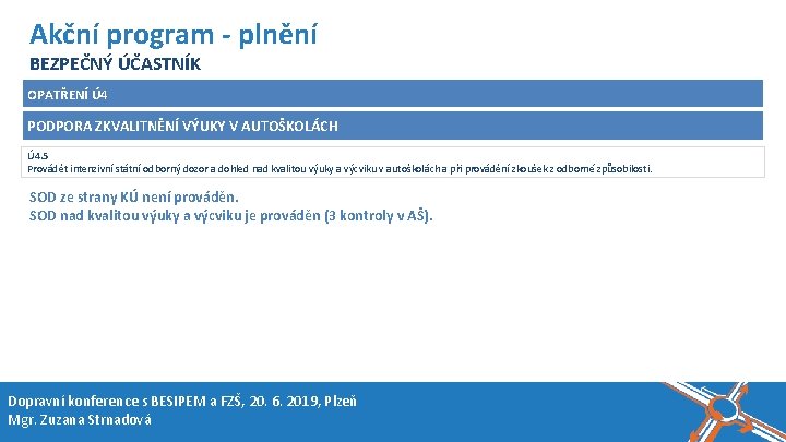 Název akce, místo, datum Akční program - plnění BEZPEČNÝ ÚČASTNÍK OPATŘENÍ Ú 4 PODPORA