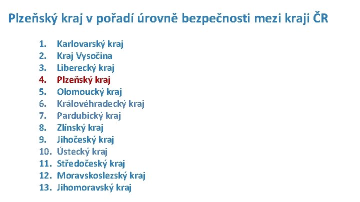 Plzeňský kraj v pořadí úrovně bezpečnosti mezi kraji ČR 1. 2. 3. 4. 5.