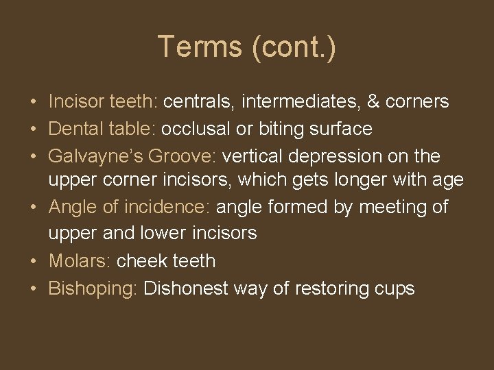 Terms (cont. ) • Incisor teeth: centrals, intermediates, & corners • Dental table: occlusal