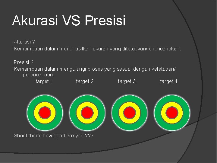 Akurasi VS Presisi Akurasi ? Kemampuan dalam menghasilkan ukuran yang ditetapkan/ direncanakan. Presisi ?