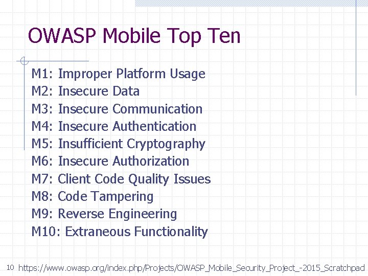 OWASP Mobile Top Ten M 1: Improper Platform Usage M 2: Insecure Data M