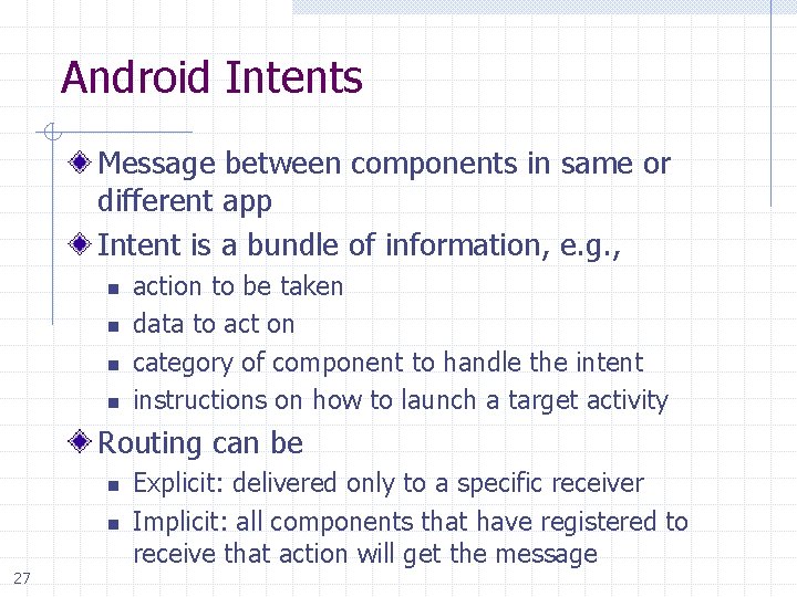 Android Intents Message between components in same or different app Intent is a bundle