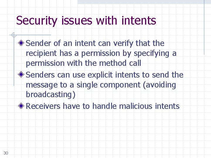 Security issues with intents Sender of an intent can verify that the recipient has