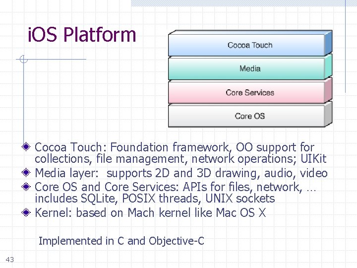 i. OS Platform Cocoa Touch: Foundation framework, OO support for collections, file management, network