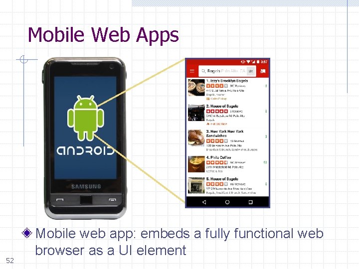 Mobile Web Apps 52 Mobile web app: embeds a fully functional web browser as