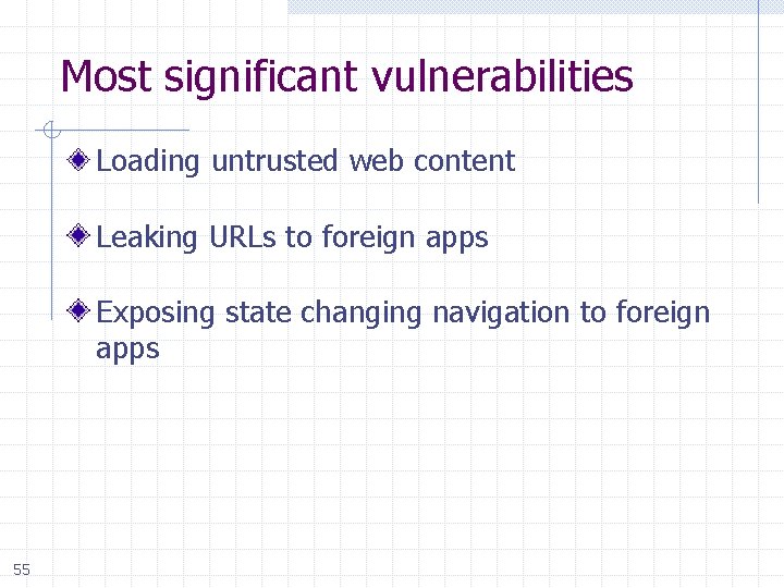 Most significant vulnerabilities Loading untrusted web content Leaking URLs to foreign apps Exposing state