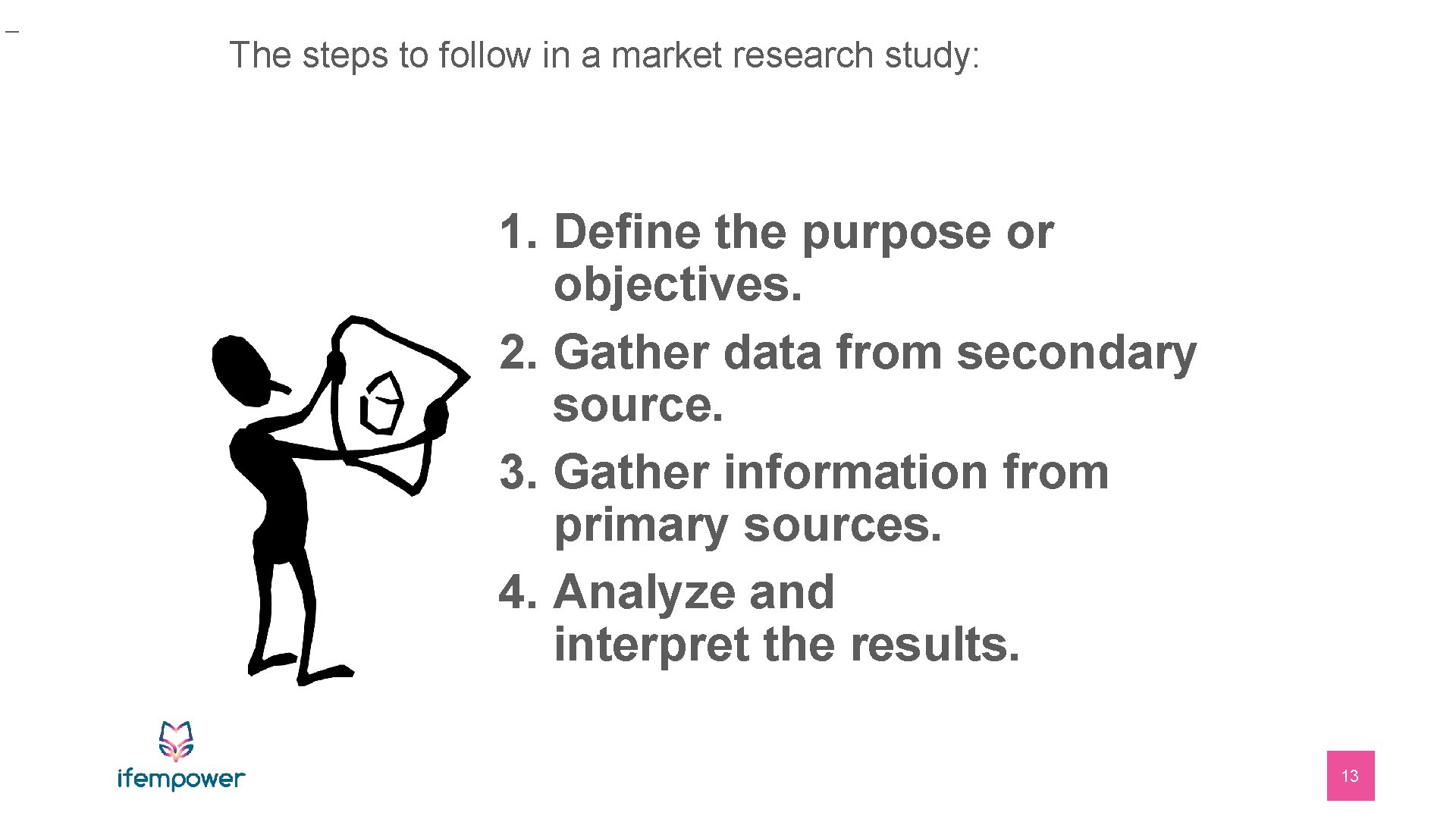 _ The steps to follow in a market research study: 1. Define the purpose