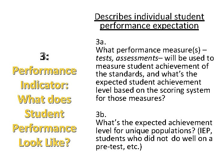 Describes individual student performance expectation 3: Performance Indicator: What does Student Performance Look Like?