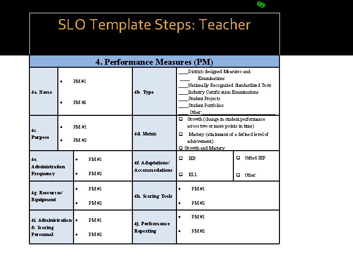 SLO Template Steps: Teacher 4. Performance Measures (PM) PM #1 4 a. Name 4
