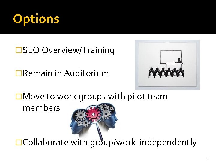 Options �SLO Overview/Training �Remain in Auditorium �Move to work groups with pilot team members