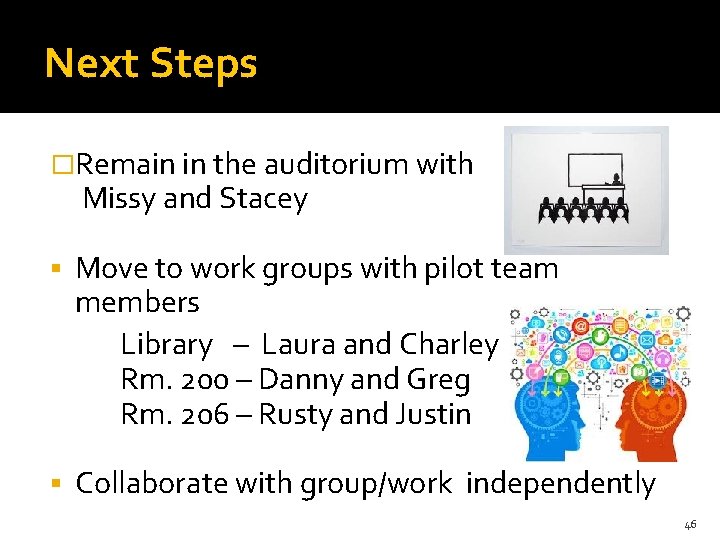 Next Steps �Remain in the auditorium with Missy and Stacey § Move to work