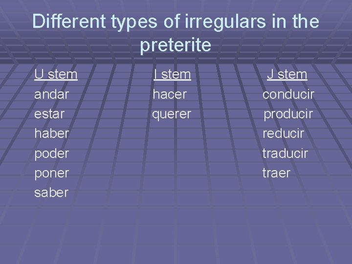 Different types of irregulars in the preterite U stem andar estar haber poder poner