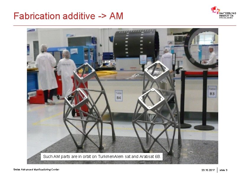 Fabrication additive -> AM Such AM parts are in orbit on Turkmen. Alem sat