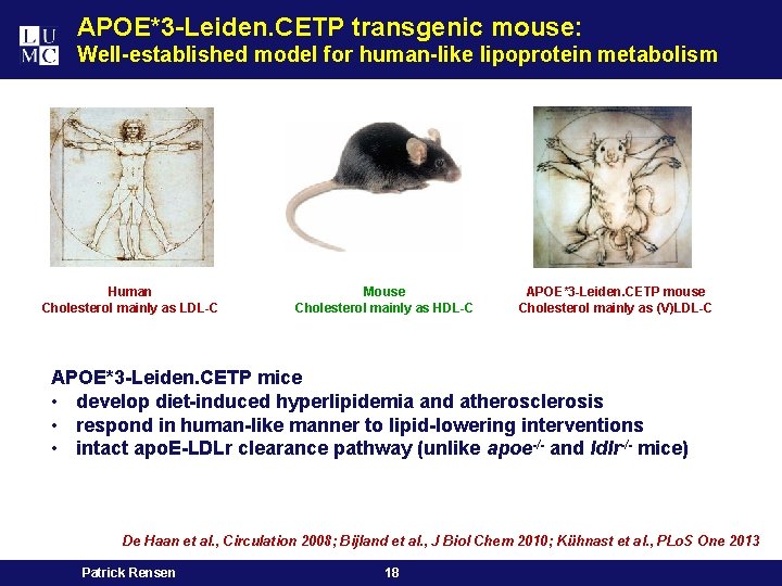 APOE*3 -Leiden. CETP transgenic mouse: Well-established model for human-like lipoprotein metabolism Human Cholesterol mainly