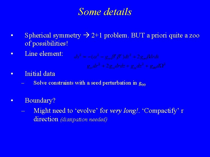 Some details • • Spherical symmetry 2+1 problem. BUT a priori quite a zoo