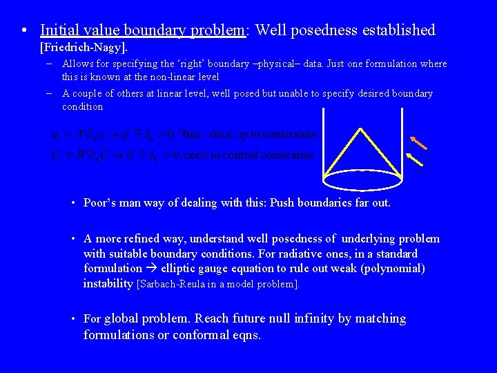  • Initial value boundary problem: Well posedness established [Friedrich-Nagy]. – Allows for specifying