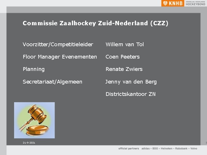 Commissie Zaalhockey Zuid-Nederland (CZZ) Voorzitter/Competitieleider Willem van Tol Floor Manager Evenementen Coen Peeters Planning