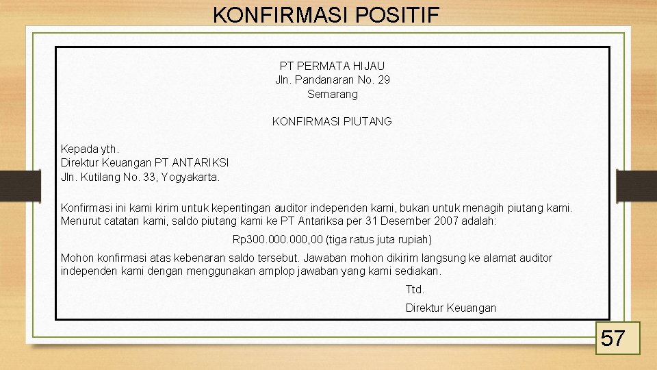 KONFIRMASI POSITIF PT PERMATA HIJAU Jln. Pandanaran No. 29 Semarang KONFIRMASI PIUTANG Kepada yth.
