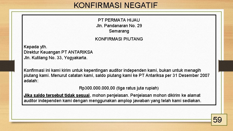 KONFIRMASI NEGATIF PT PERMATA HIJAU Jln. Pandanaran No. 29 Semarang KONFIRMASI PIUTANG Kepada yth.
