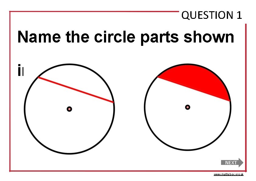 QUESTION 1 Name the circle parts shown in red NEXT www. mathsbox. org. uk
