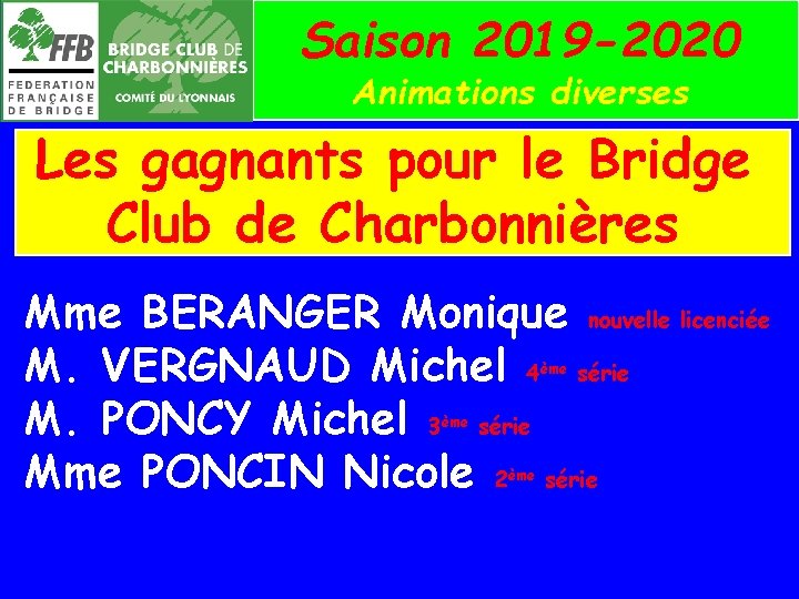 Saison 2019 -2020 Animations diverses Les gagnants pour le Bridge Club de Charbonnières Mme
