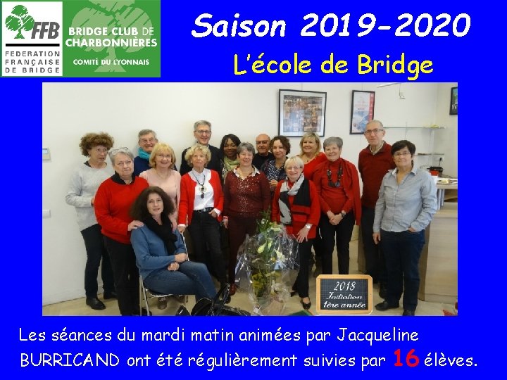 Saison 2019 -2020 L’école de Bridge Les séances du mardi matin animées par Jacqueline