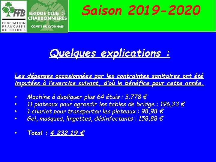 Saison 2019 -2020 Quelques explications : Les dépenses occasionnées par les contraintes sanitaires ont