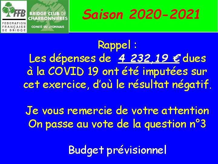 Saison 2020 -2021 Rappel : Les dépenses de 4 232, 19 € dues à