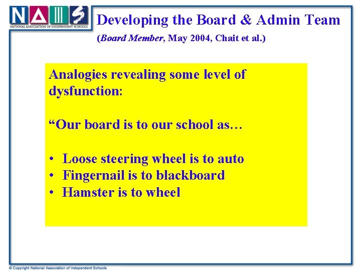 Developing the Board & Admin Team (Board Member, May 2004, Chait et al. )