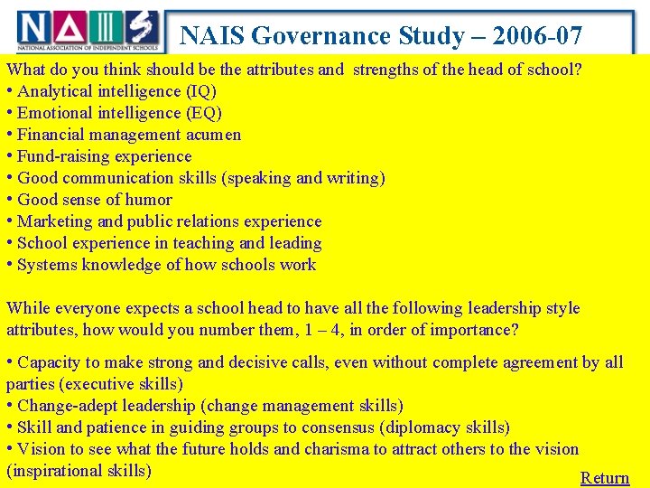 NAIS Governance Study – 2006 -07 What do you. Role think should of the