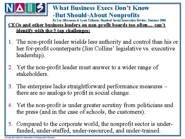 What Business Execs Don’t Know -But Should-About Nonprofits By Les Silverman & Lynn Taliento,