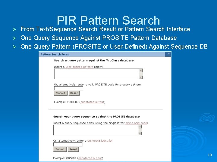 PIR Pattern Search From Text/Sequence Search Result or Pattern Search Interface Ø One Query