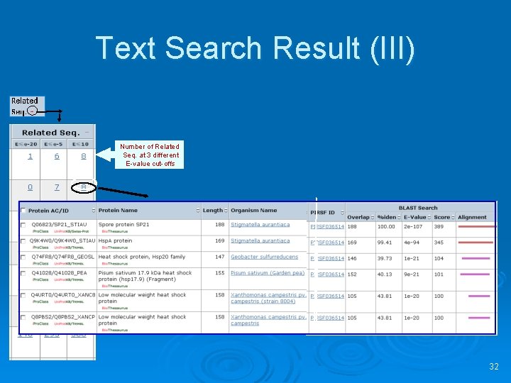 Text Search Result (III) Number of Related Seq. at 3 different E-value cut-offs 32