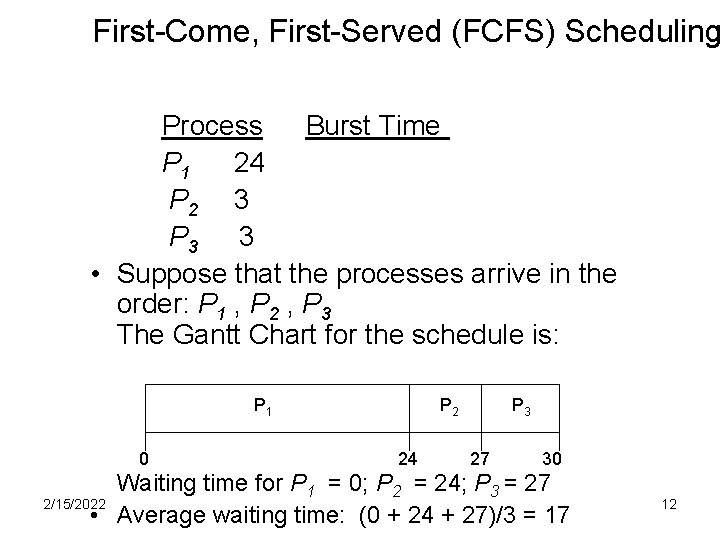 First-Come, First-Served (FCFS) Scheduling Process Burst Time P 1 24 P 2 3 P