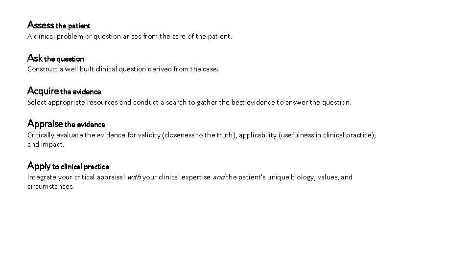Assess the patient A clinical problem or question arises from the care of the