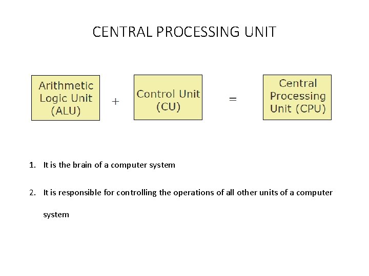 CENTRAL PROCESSING UNIT 1. It is the brain of a computer system 2. It