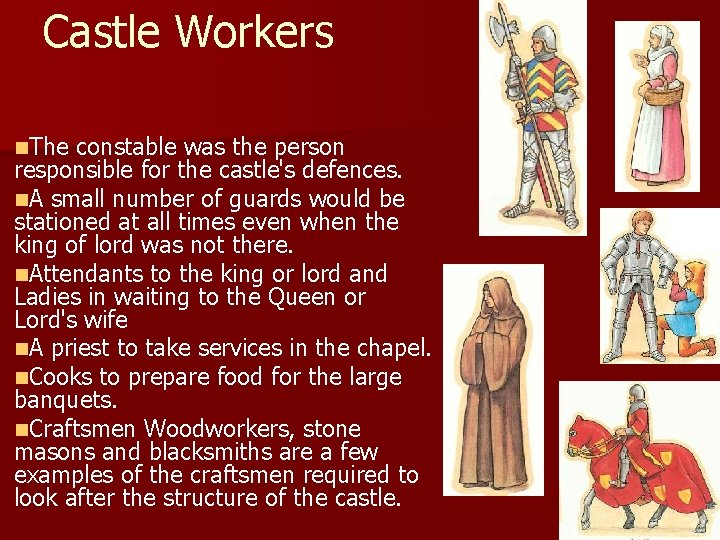 Castle Workers n. The constable was the person responsible for the castle's defences. n.