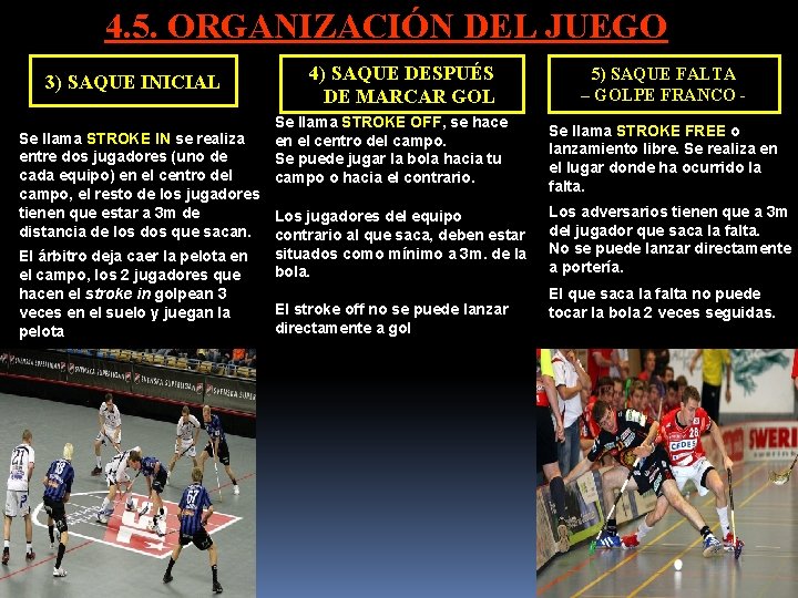 4. 5. ORGANIZACIÓN DEL JUEGO 3) SAQUE INICIAL 4) SAQUE DESPUÉS DE MARCAR GOL 4. 5. ORGANIZACIÓN DEL JUEGO 3) SAQUE INICIAL 4) SAQUE DESPUÉS DE MARCAR GOL