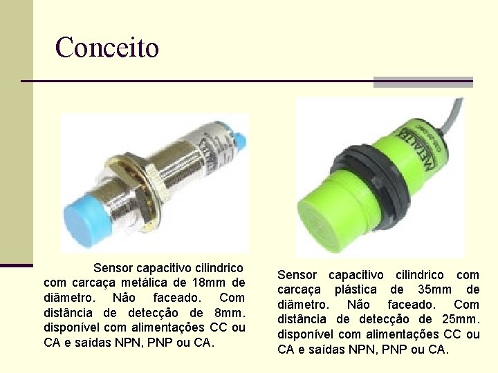 Conceito Sensor capacitivo cilindrico com carcaça metálica de 18 mm de diâmetro. Não faceado.