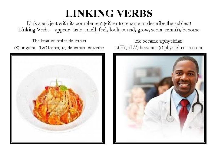 LINKING VERBS Link a subject with its complement (either to rename or describe the
