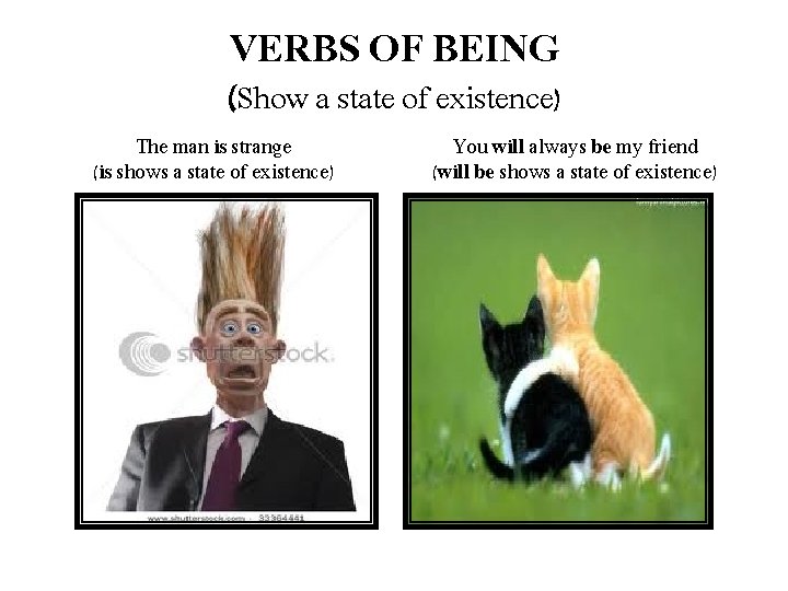 VERBS OF BEING (Show a state of existence) The man is strange (is shows