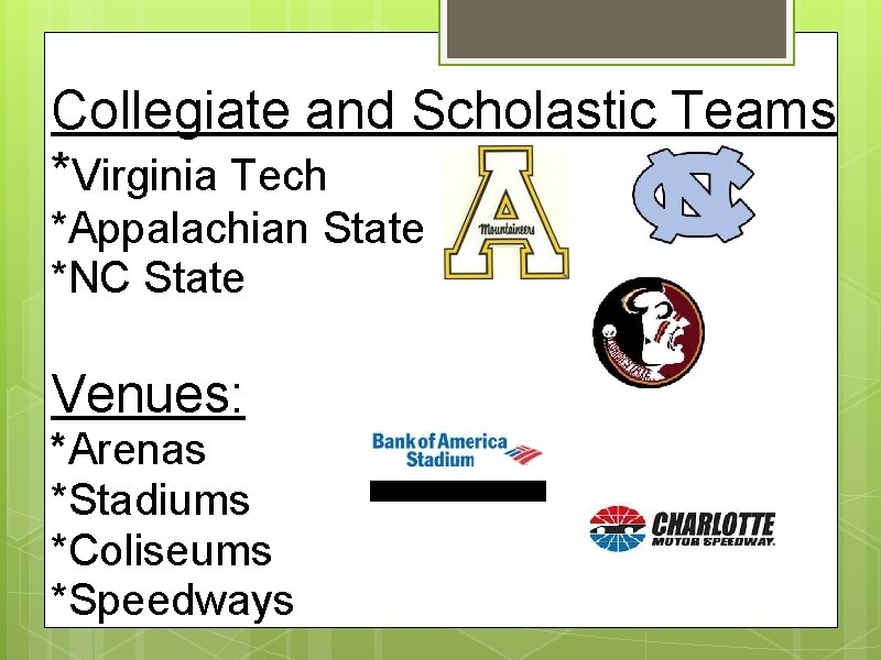 Collegiate and Scholastic Teams *Virginia Tech *Appalachian State *NC State Venues: *Arenas *Stadiums *Coliseums