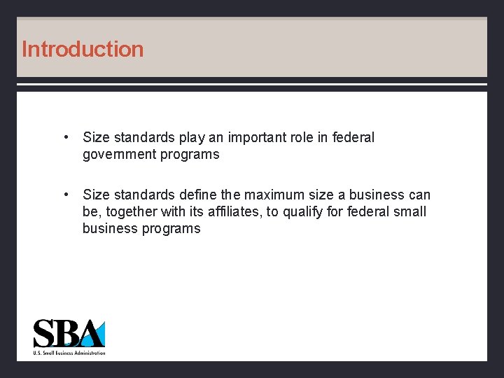 Introduction • Size standards play an important role in federal government programs • Size